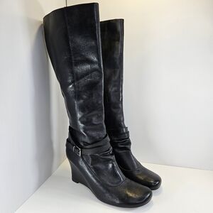 Call It Spring Black Tall Boots Heeled Wedge Heels Side Zip Women's Size 10